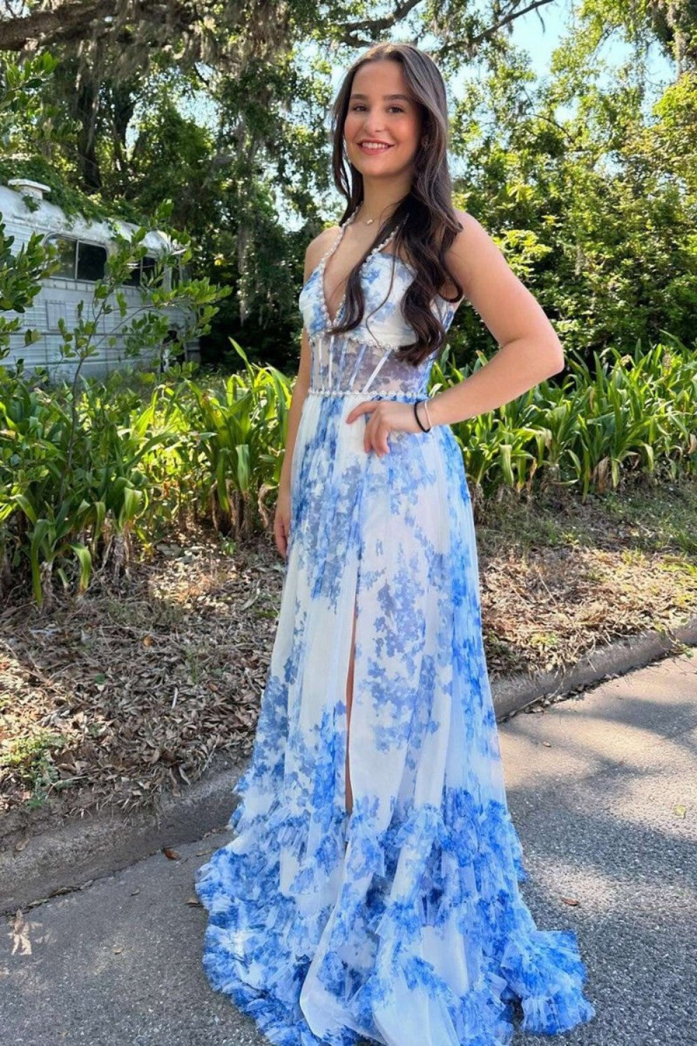 Gorgeous A Line Halter Neck Pink Floral Printed Corset Prom Dress with Ruffles