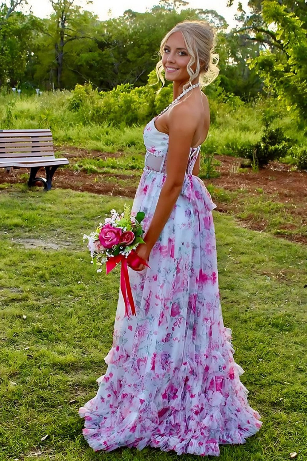 Gorgeous A Line Halter Neck Pink Floral Printed Corset Prom Dress with Ruffles