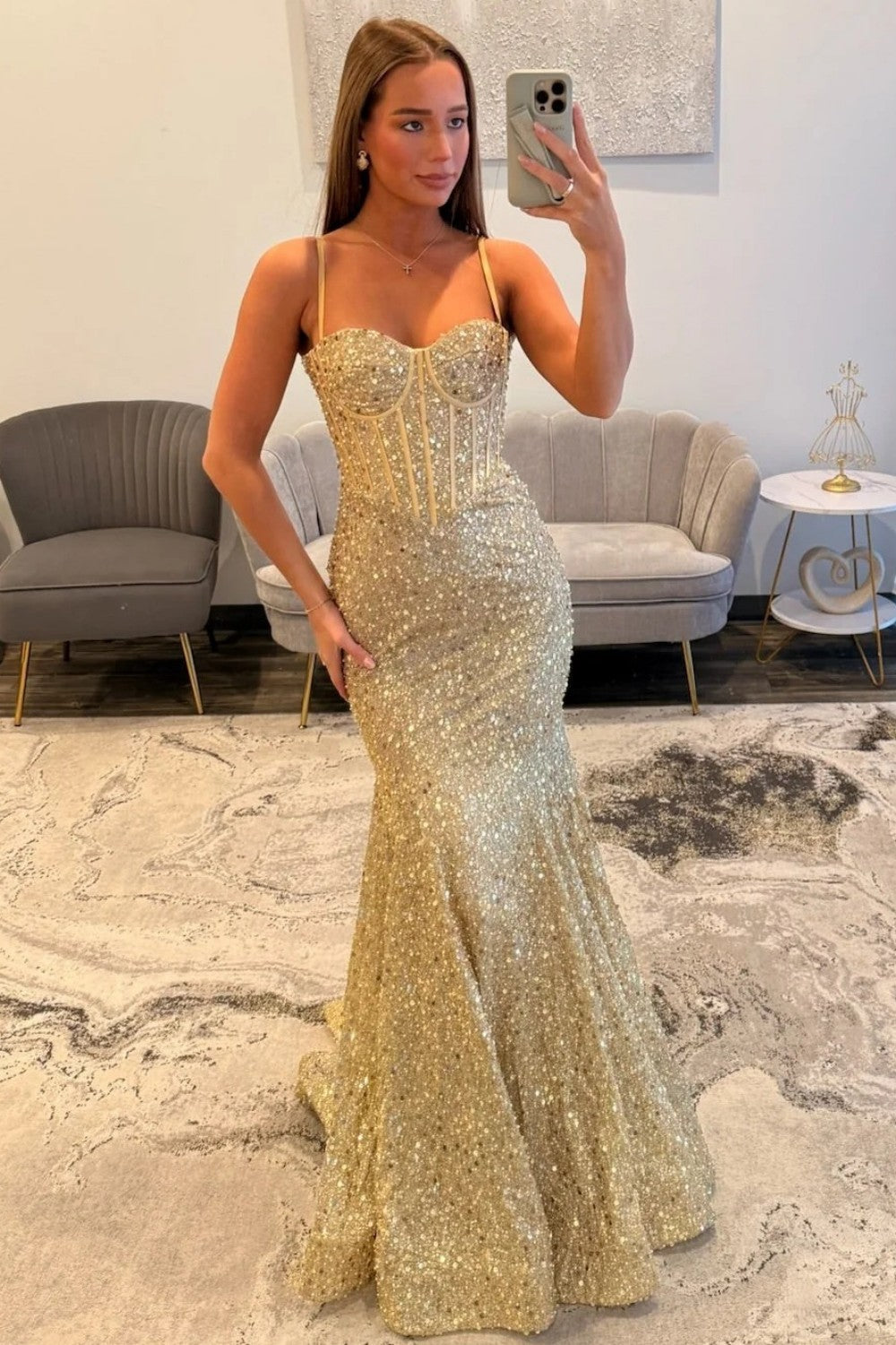 Gold Sparkly Mermaid Prom Dress with Spaghetti Straps and Corset Bodice