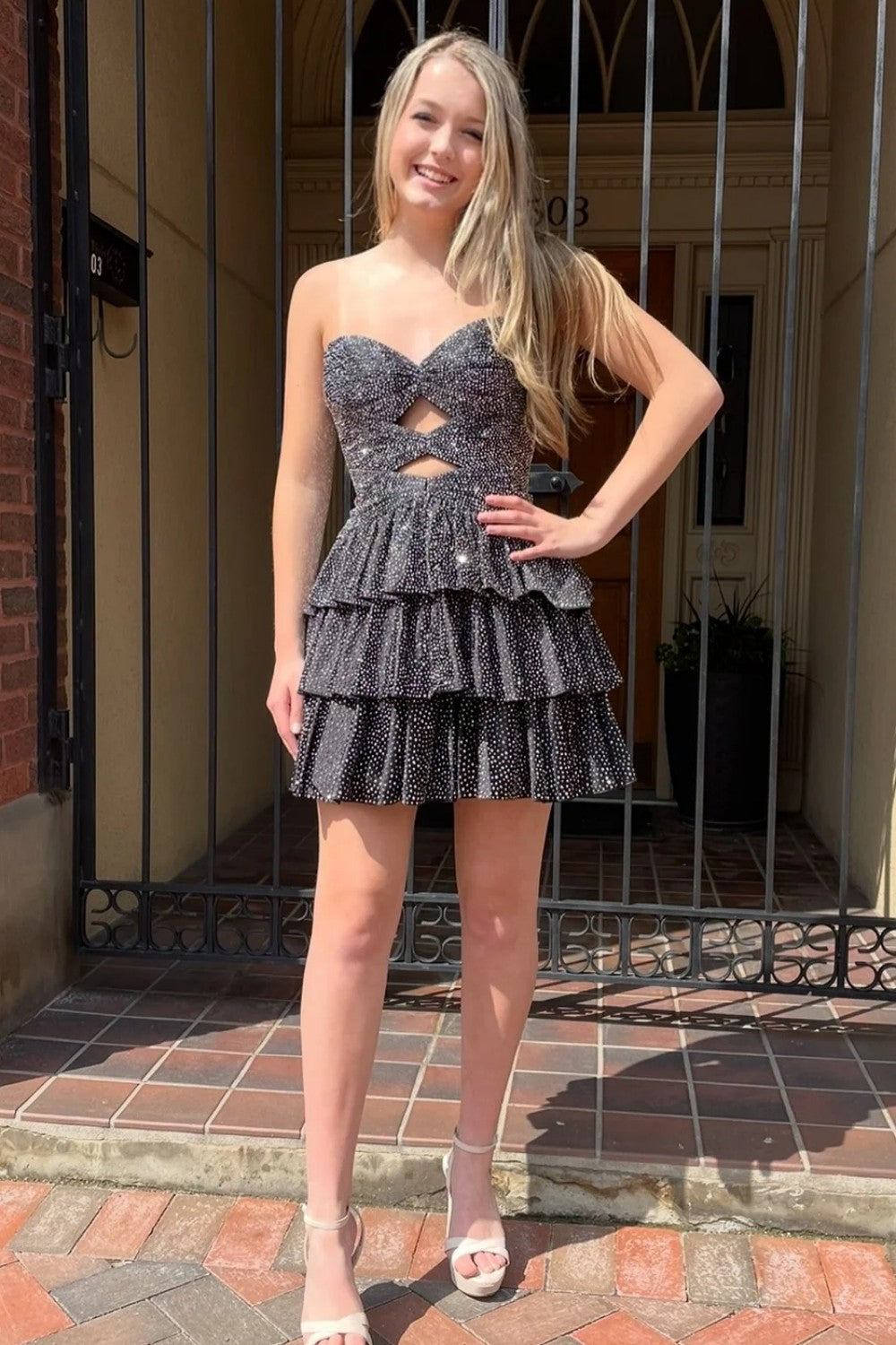 Sparkly A-Line Beaded Tiered Mini Hoco Dress with Cutout Bodice and Lace-Up Back