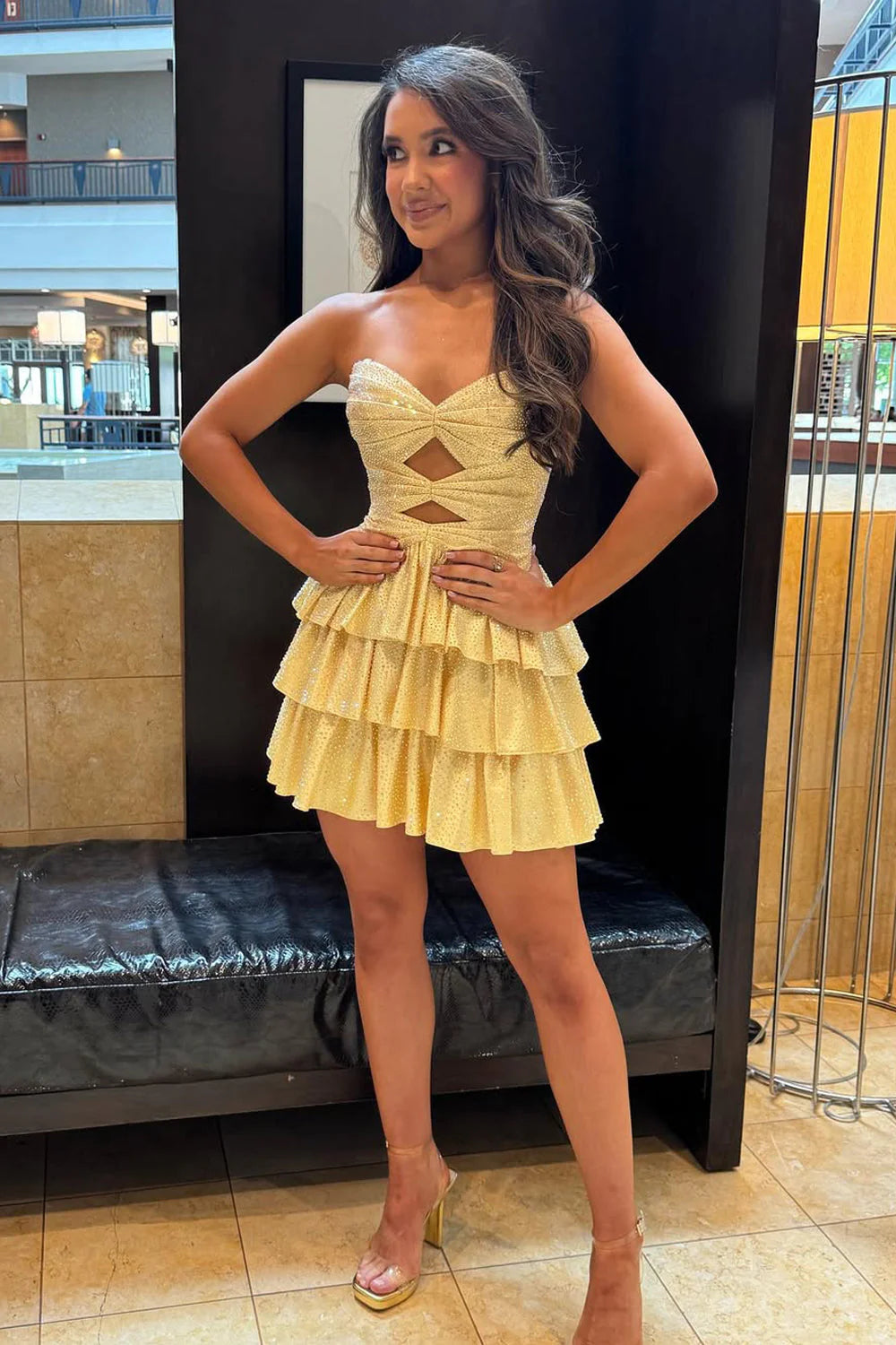 Sparkly A-Line Beaded Tiered Mini Hoco Dress with Cutout Bodice and Lace-Up Back