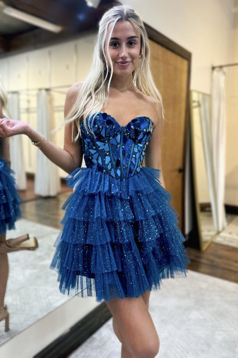 Lovely A Line Sweetheart Tulle Homecoming Dress with Short Tiered Skirt and Mirror Trim