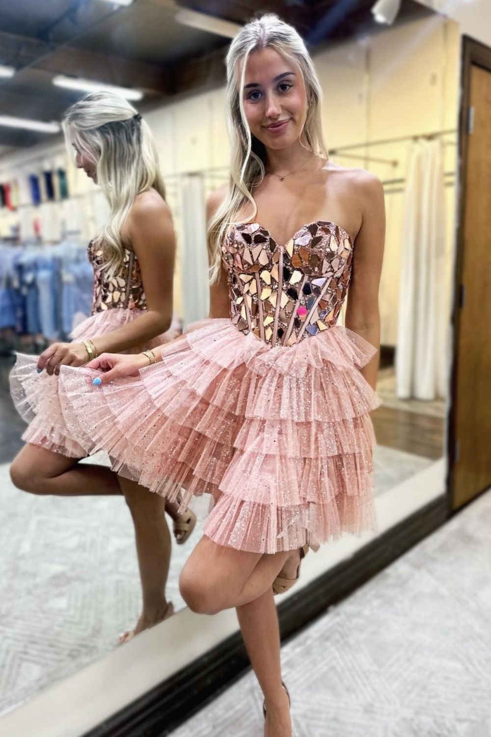 Lovely A Line Sweetheart Tulle Homecoming Dress with Short Tiered Skirt and Mirror Trim