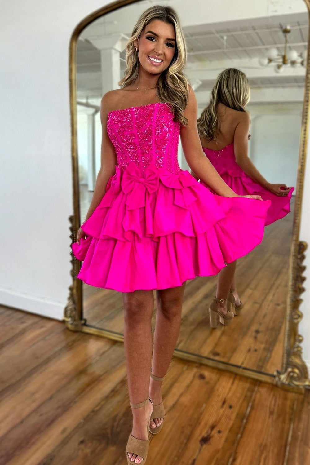 Hot Pink Short Satin Homecoming Dress with A Line Silhouette Strapless Neckline and Beads