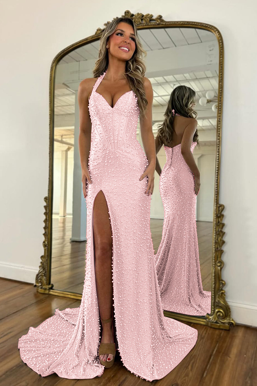 Gorgeous Light Blue Beaded Halter Mermaid Prom Dress With Pearls and Slit