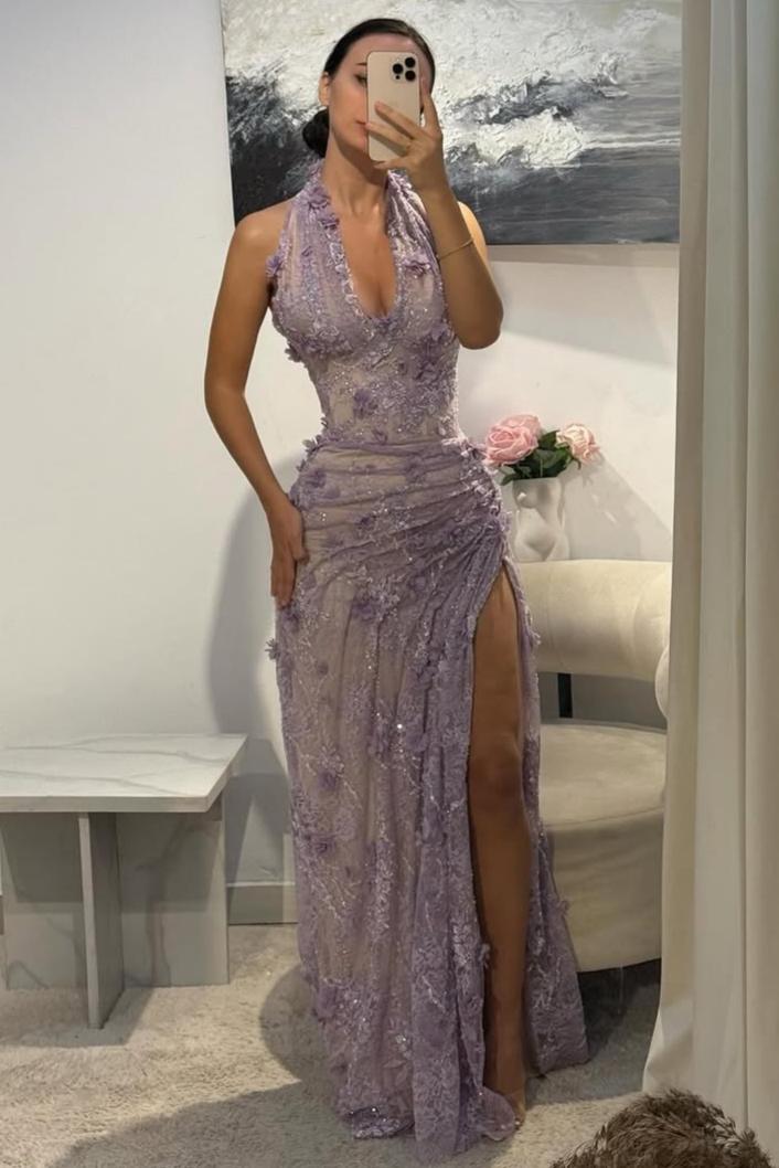 Light Blue 3D Floral Lace Halter Prom Dress with Beaded Illusion Bodice and High Slit