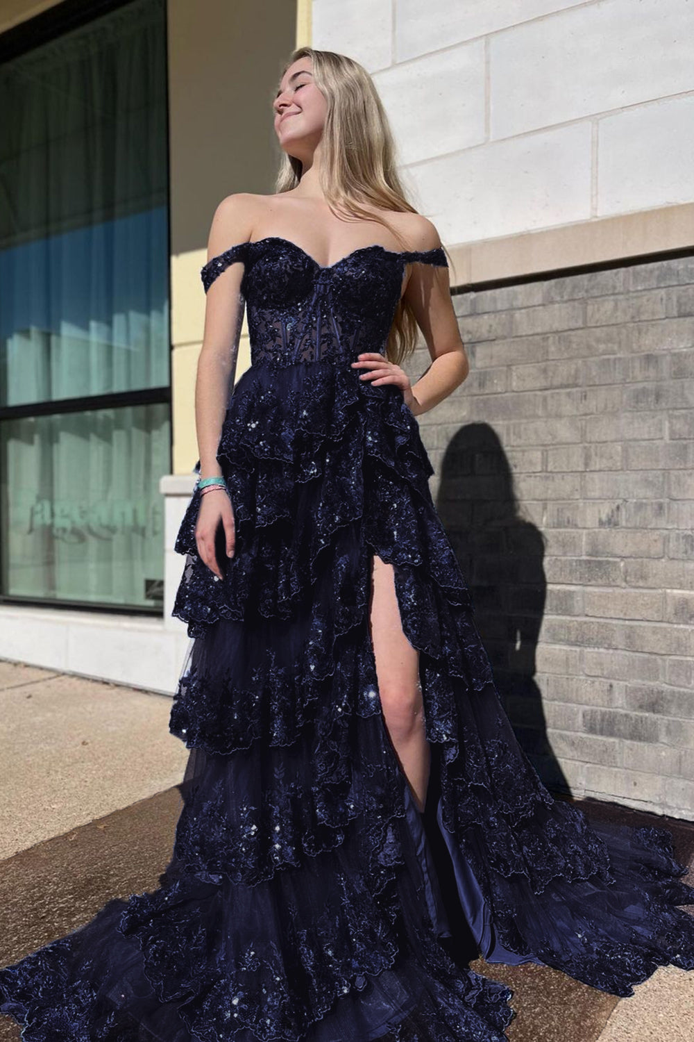 Gorgeous Off The Shoulder A Line Sequin Prom Dress with Glitter Finish Tiered Layers and Slit