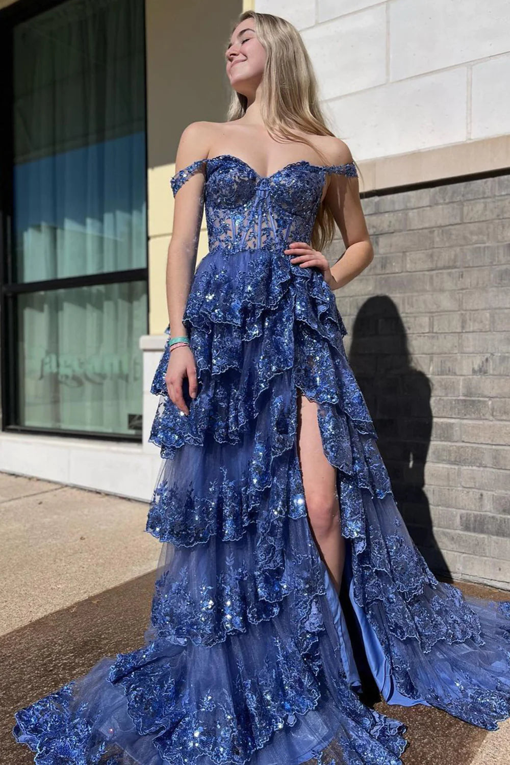 Gorgeous Off The Shoulder A Line Sequin Prom Dress with Glitter Finish Tiered Layers and Slit