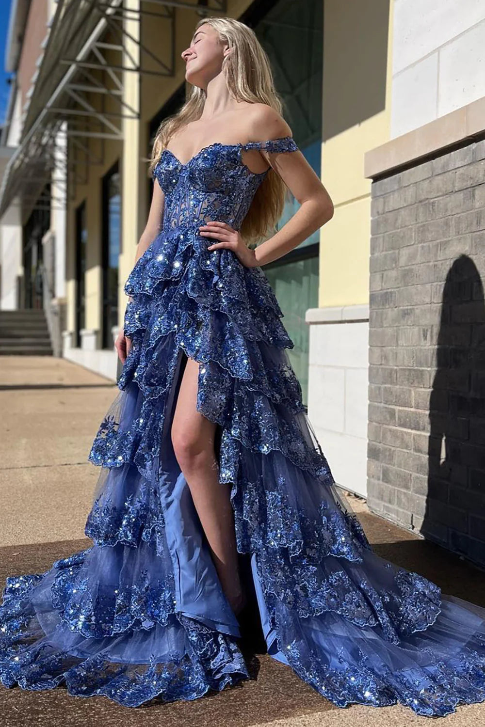 Gorgeous Off The Shoulder A Line Sequin Prom Dress with Glitter Finish Tiered Layers and Slit