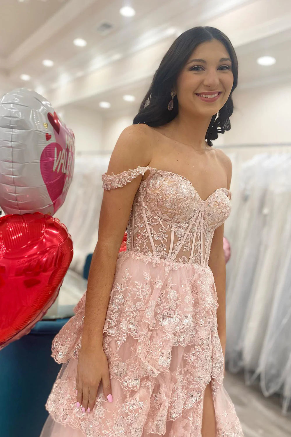 Gorgeous Off The Shoulder A Line Sequin Prom Dress with Glitter Finish Tiered Layers and Slit