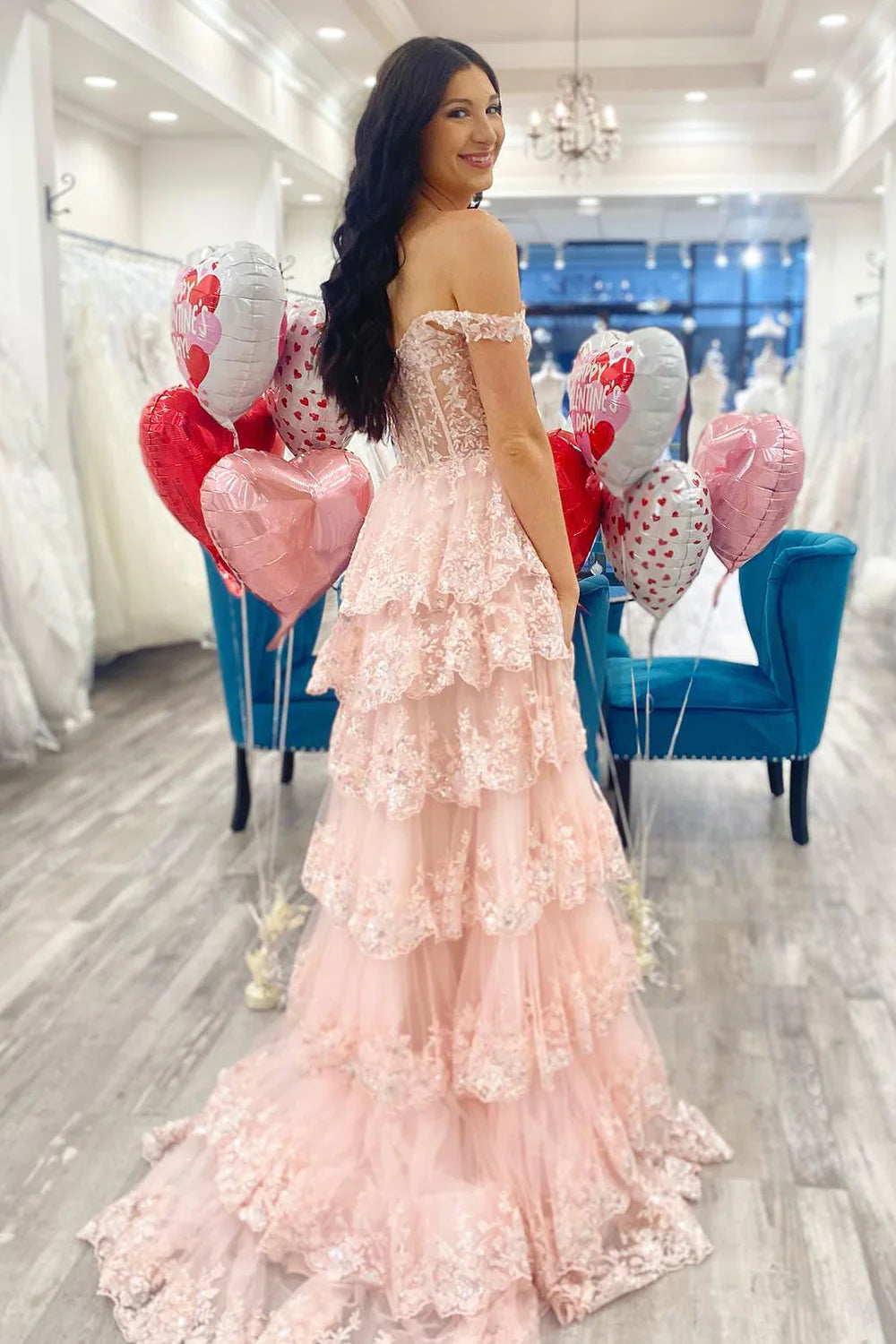 Gorgeous Off The Shoulder A Line Sequin Prom Dress with Glitter Finish Tiered Layers and Slit