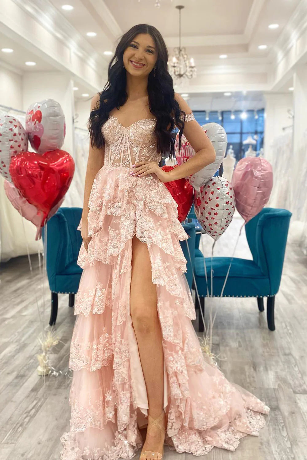 Gorgeous Off The Shoulder A Line Sequin Prom Dress with Glitter Finish Tiered Layers and Slit