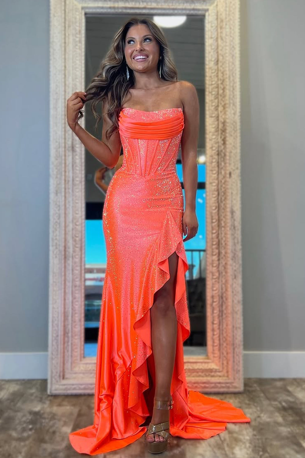 Light Blue Strapless Mermaid Prom Dress with Lace Up Back Beaded Details and Leg Slit