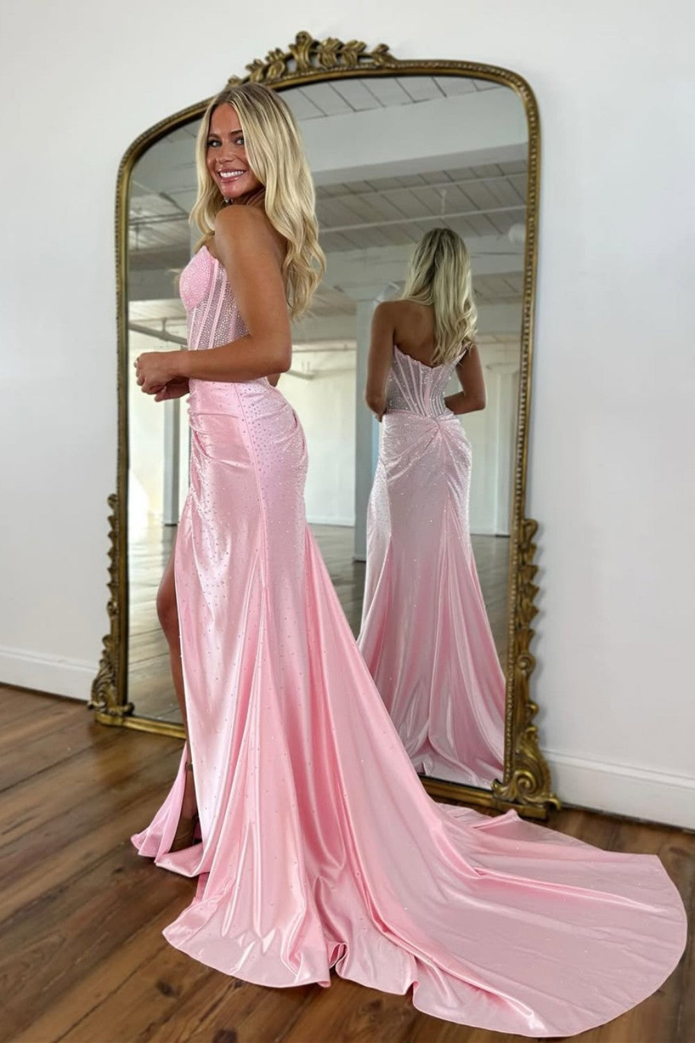 Blush Pink Corset Long Beaded Prom Dress with Rhinestone Details