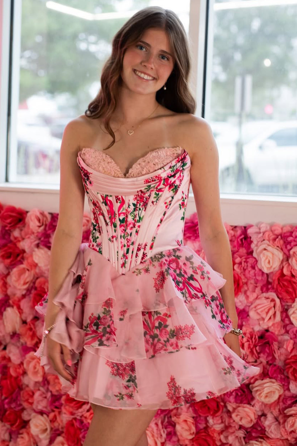 Floral A-Line Sweetheart Corset Homecoming Dress with Layered Skirt