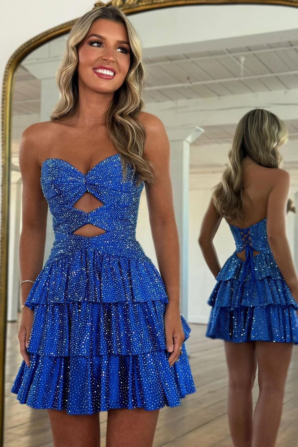 Sparkly A-Line Beaded Tiered Mini Hoco Dress with Cutout Bodice and Lace-Up Back