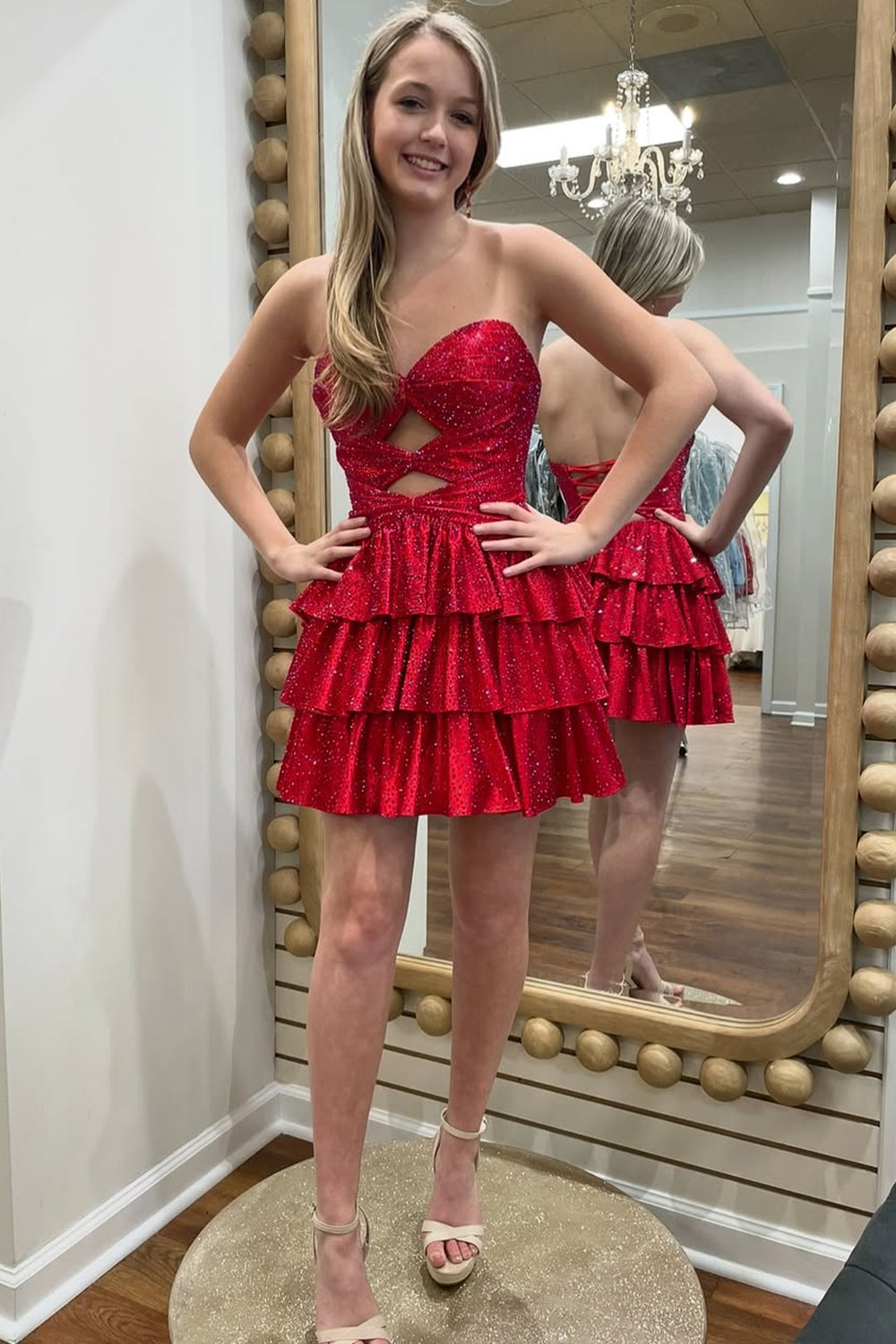 Sparkly A-Line Beaded Tiered Mini Hoco Dress with Cutout Bodice and Lace-Up Back