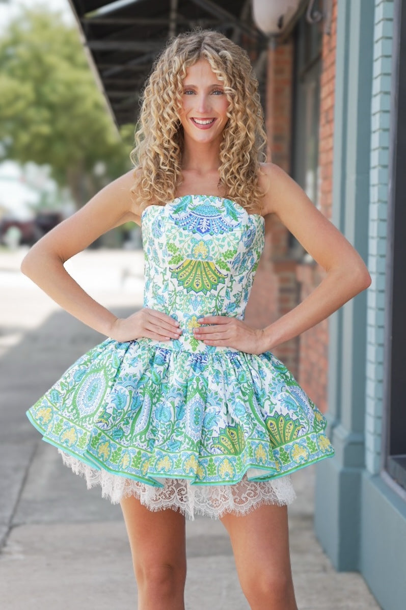 Gorgeous A Line Strapless Light Green Floral Printed Short Homecoming Dress with Lace