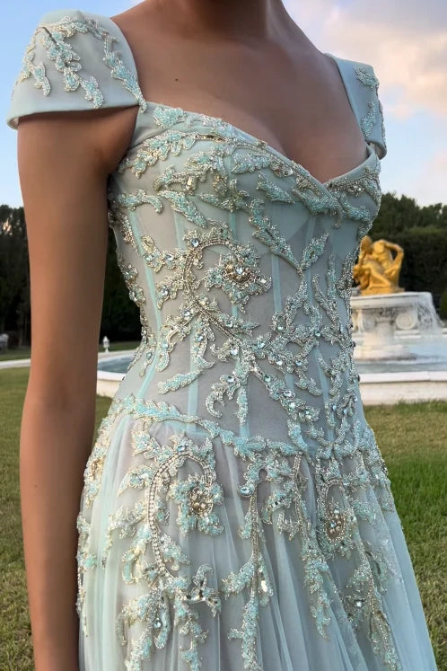 Gorgeous A Line Sweetheart Light Green Long Prom Dress with Appliques