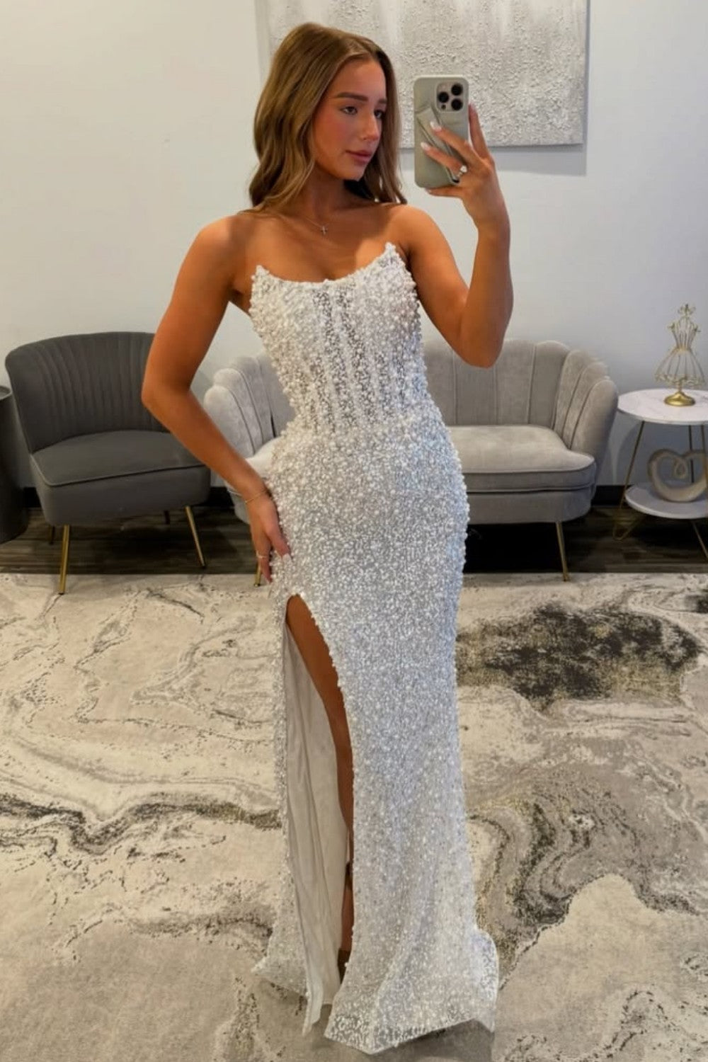 Gorgeous Luxury White Pearls Strapless Mermaid Prom Dress with Slit