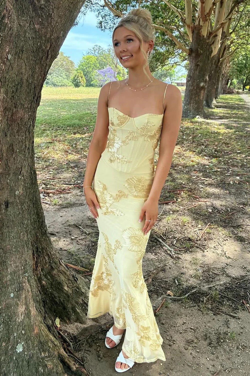 Gorgeous Mermaid Spaghetti Straps Yellow Long Prom Dress with Embroidery