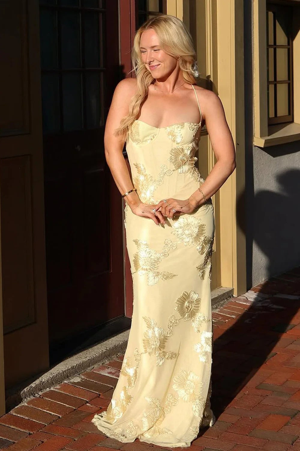 Gorgeous Mermaid Spaghetti Straps Yellow Long Prom Dress with Embroidery