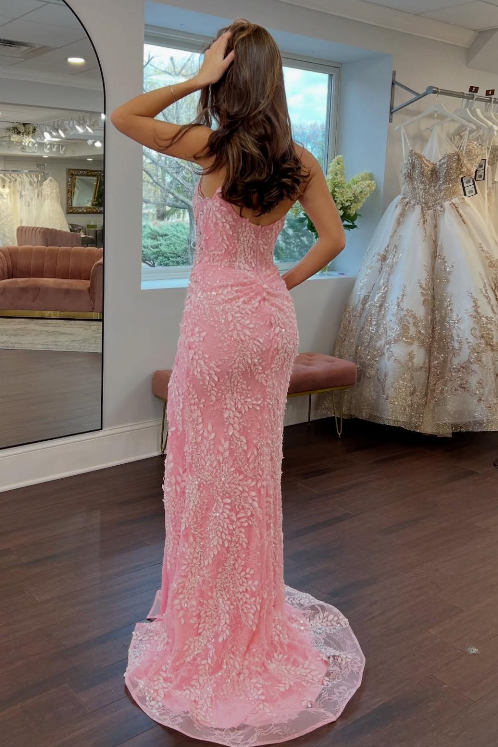 Gorgeous Mermaid Sweetheart Pink Long Prom Dress with Split Front Appliques
