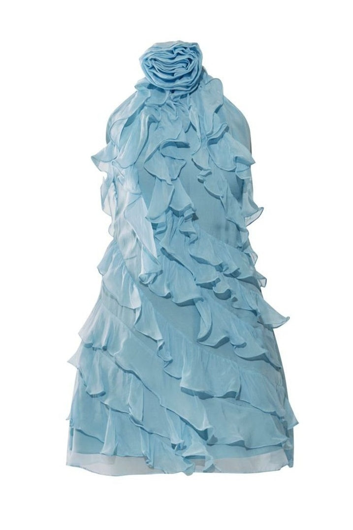 Gorgeous Sheath Halter Neck Blue Short Homecoming Dress with 3D Flowers