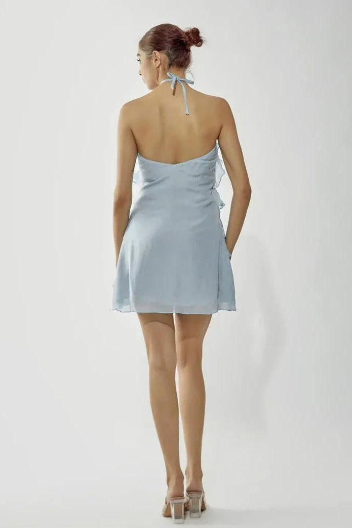 Gorgeous Sheath Halter Neck Blue Short Homecoming Dress with 3D Flowers