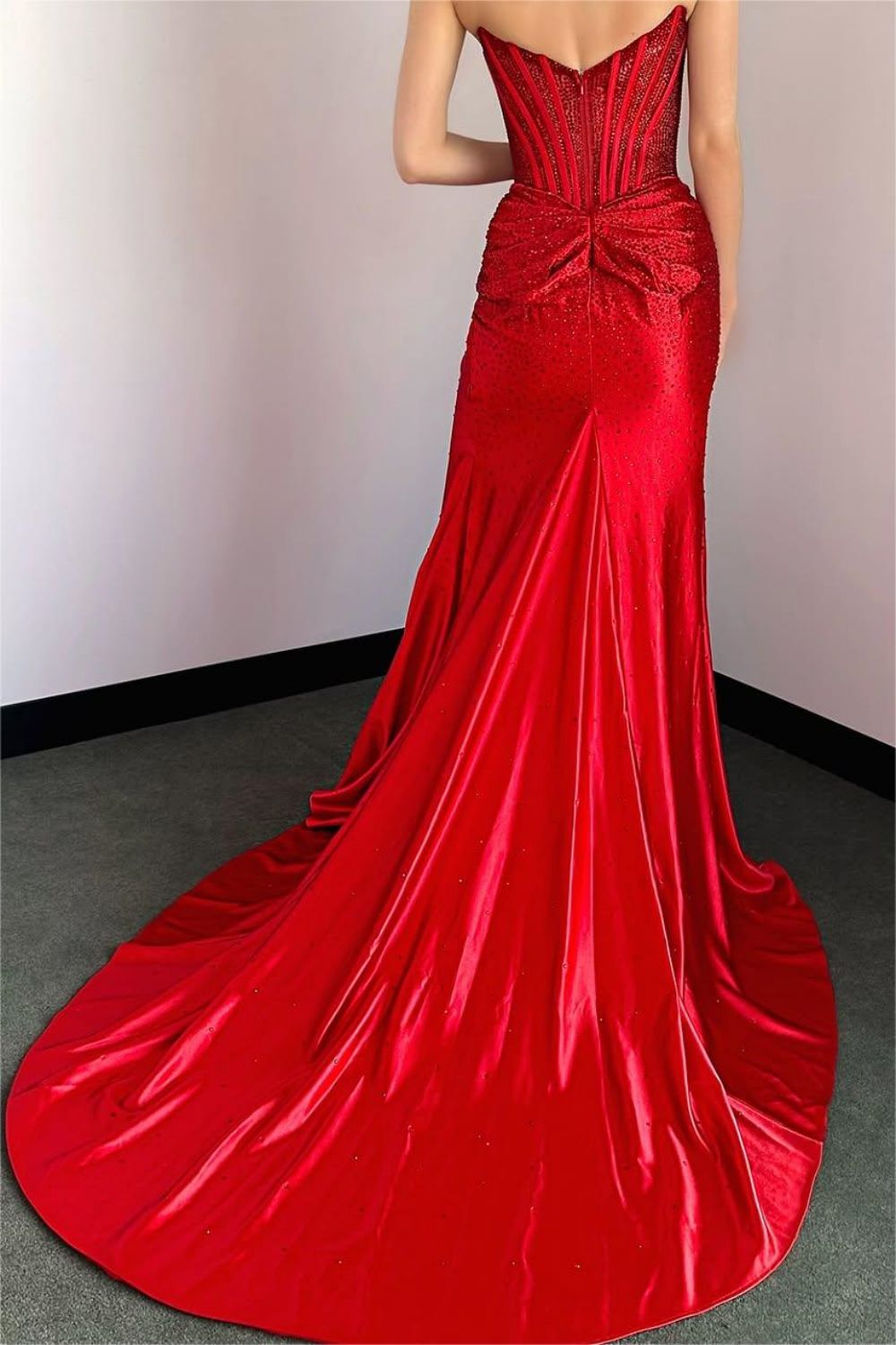 Blush Pink Corset Long Beaded Prom Dress with Rhinestone Details