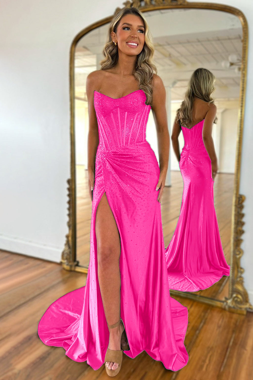 Blush Pink Corset Long Beaded Prom Dress with Rhinestone Details