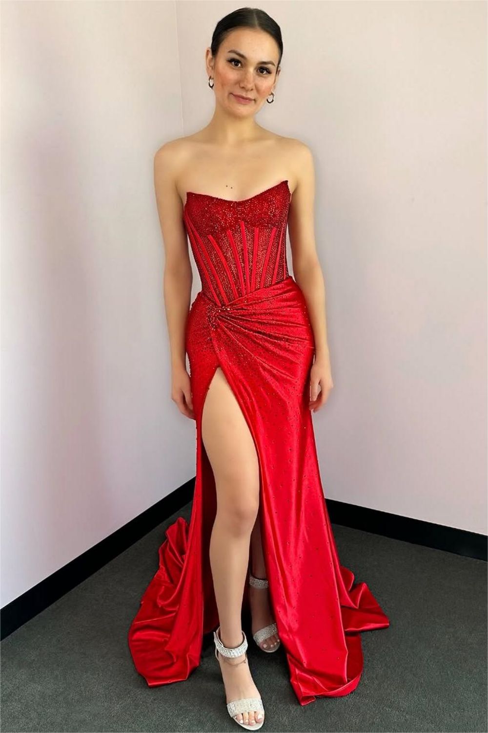 Blush Pink Corset Long Beaded Prom Dress with Rhinestone Details
