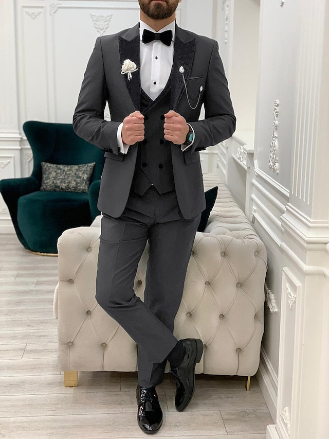 Men's Tailored Fit Single Breasted One-button 3 Pieces Solid Colored Wedding Suits Gray