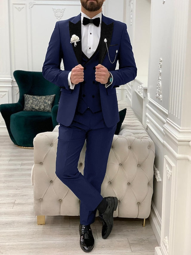 Men's Tailored Fit Single Breasted One-button 3 Pieces Solid Colored Wedding Suits Blue