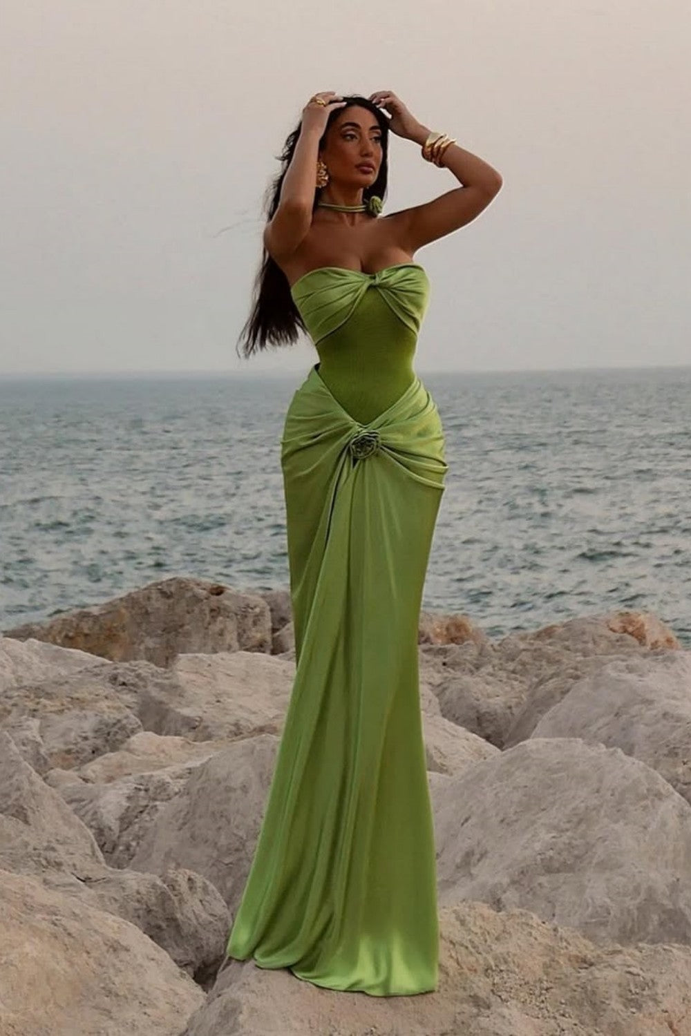 Green Ruched Bodice Mermaid Draped Maxi Prom Dress with Rosette Detail