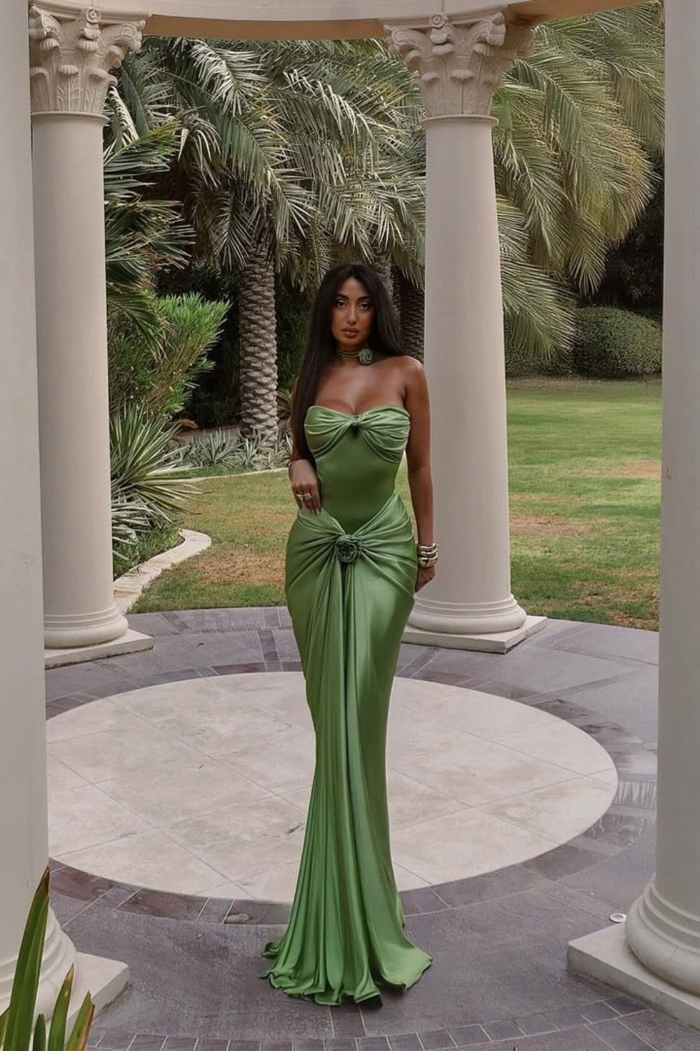 Green Ruched Bodice Mermaid Draped Maxi Prom Dress with Rosette Detail