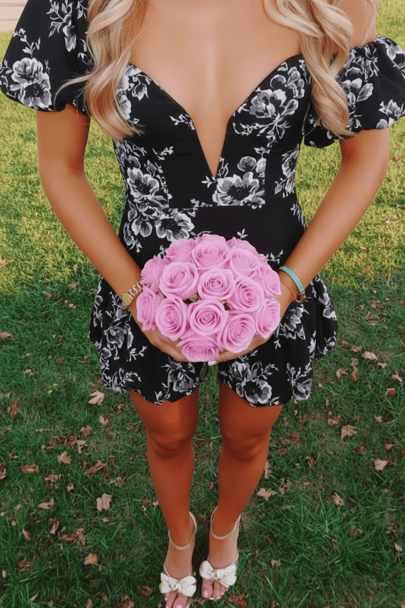 Trendy A Line Sweetheart Blue Printed Short Homecoming Dress with Bowknot