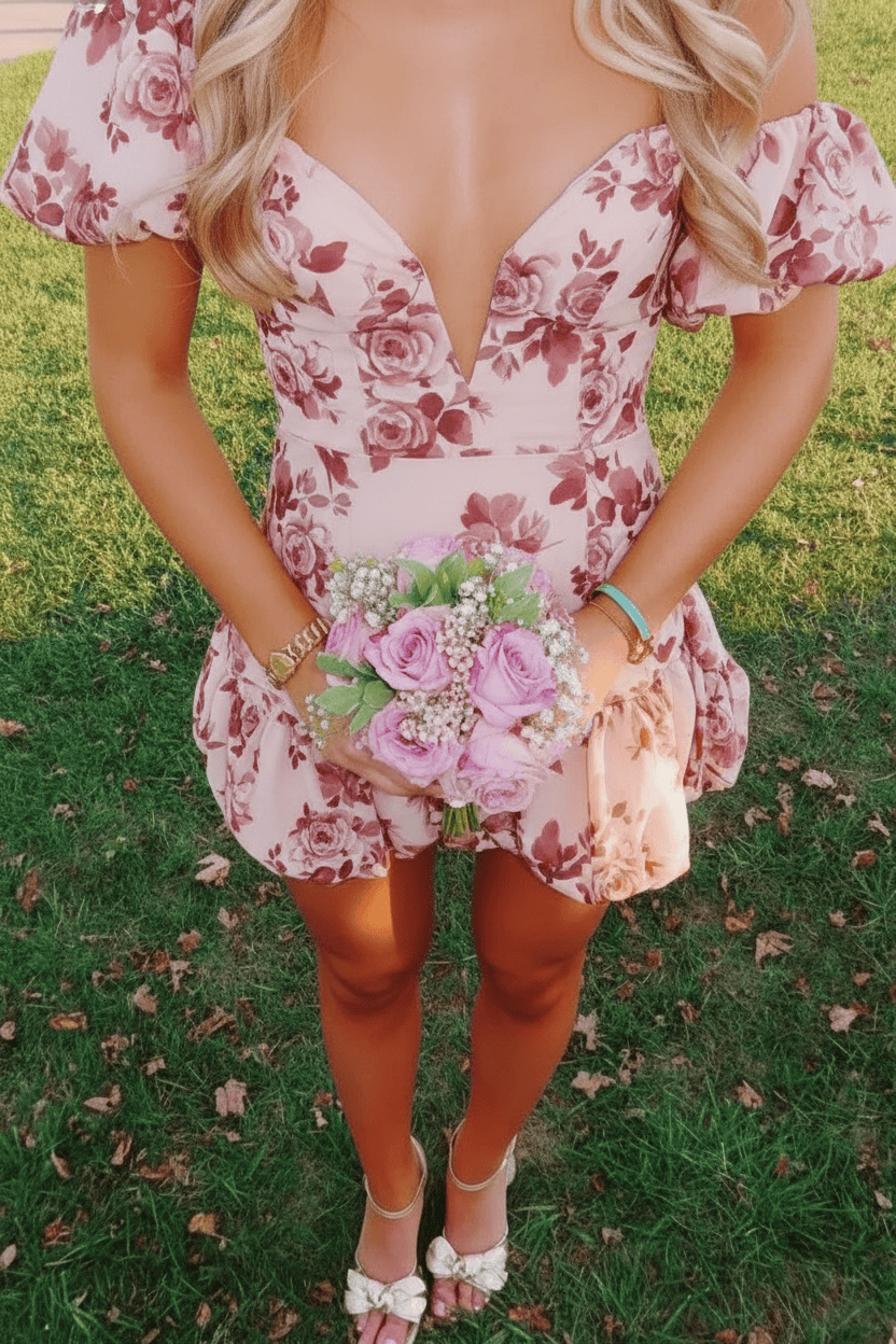 Trendy A Line Sweetheart Blue Printed Short Homecoming Dress with Bowknot