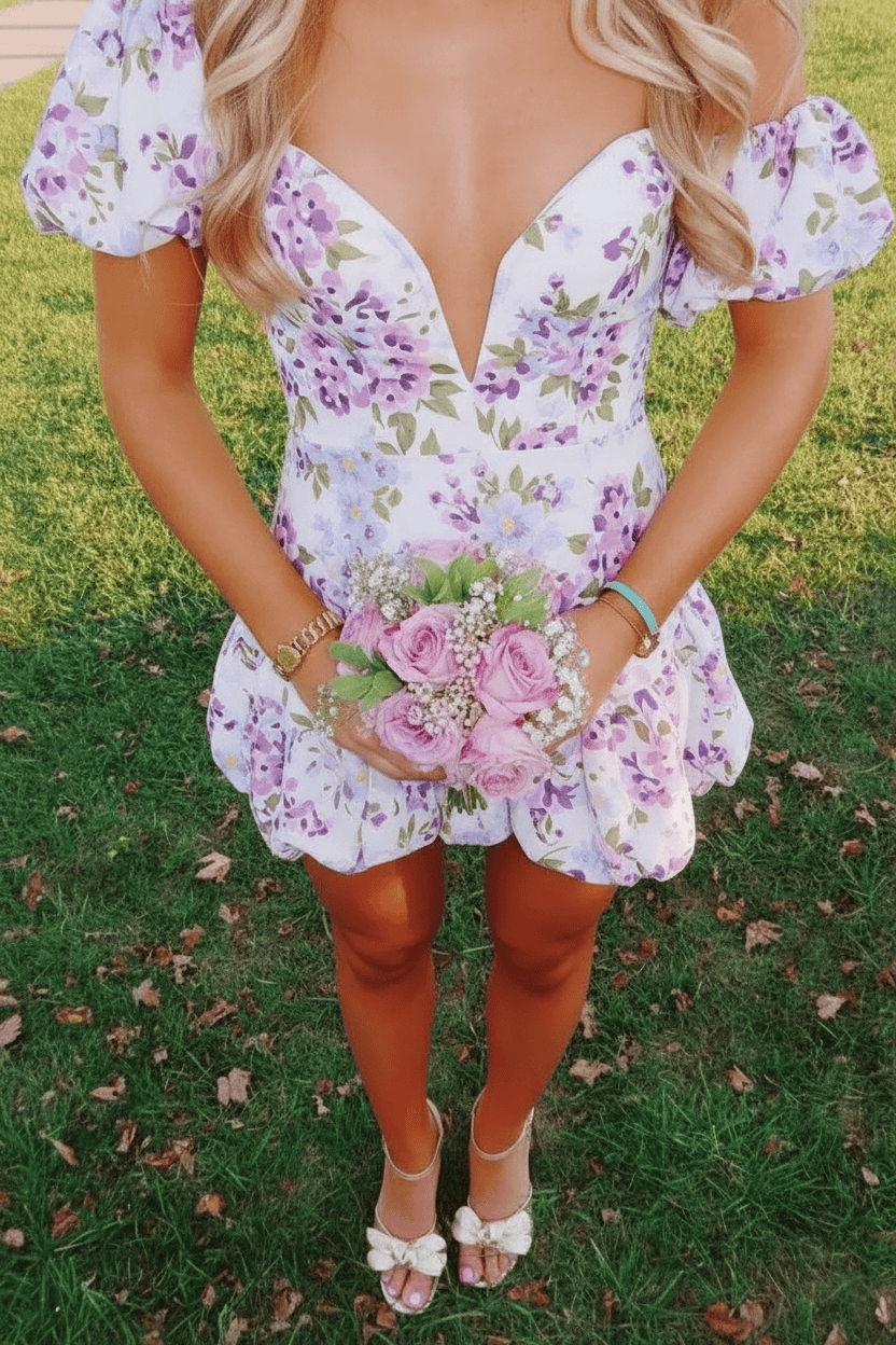 Trendy A Line Sweetheart Blue Printed Short Homecoming Dress with Bowknot