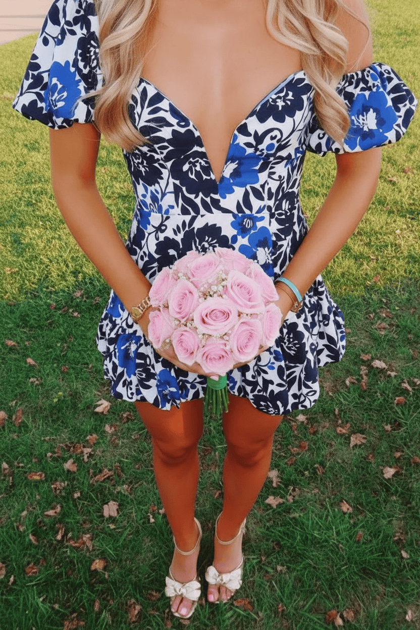 Trendy A Line Sweetheart Blue Printed Short Homecoming Dress with Bowknot
