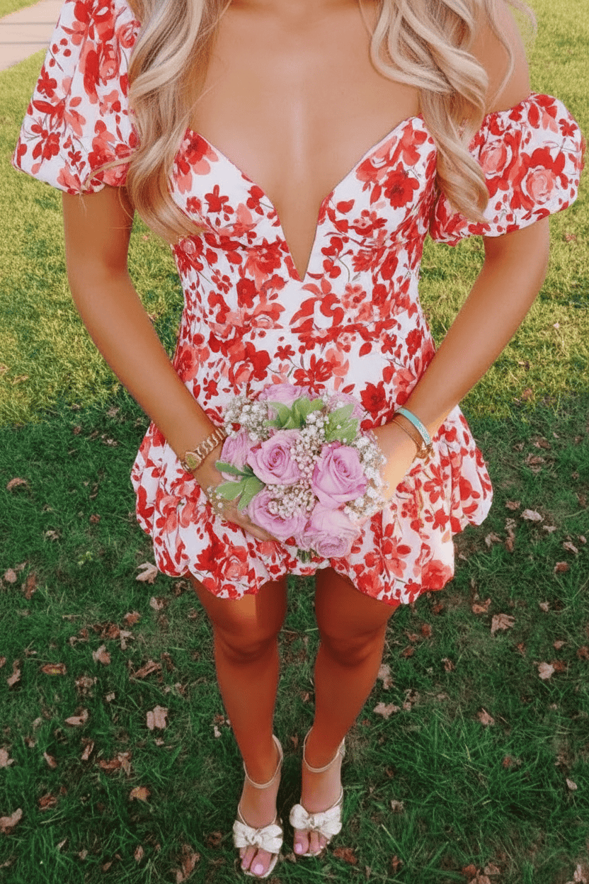 Trendy A Line Sweetheart Blue Printed Short Homecoming Dress with Bowknot
