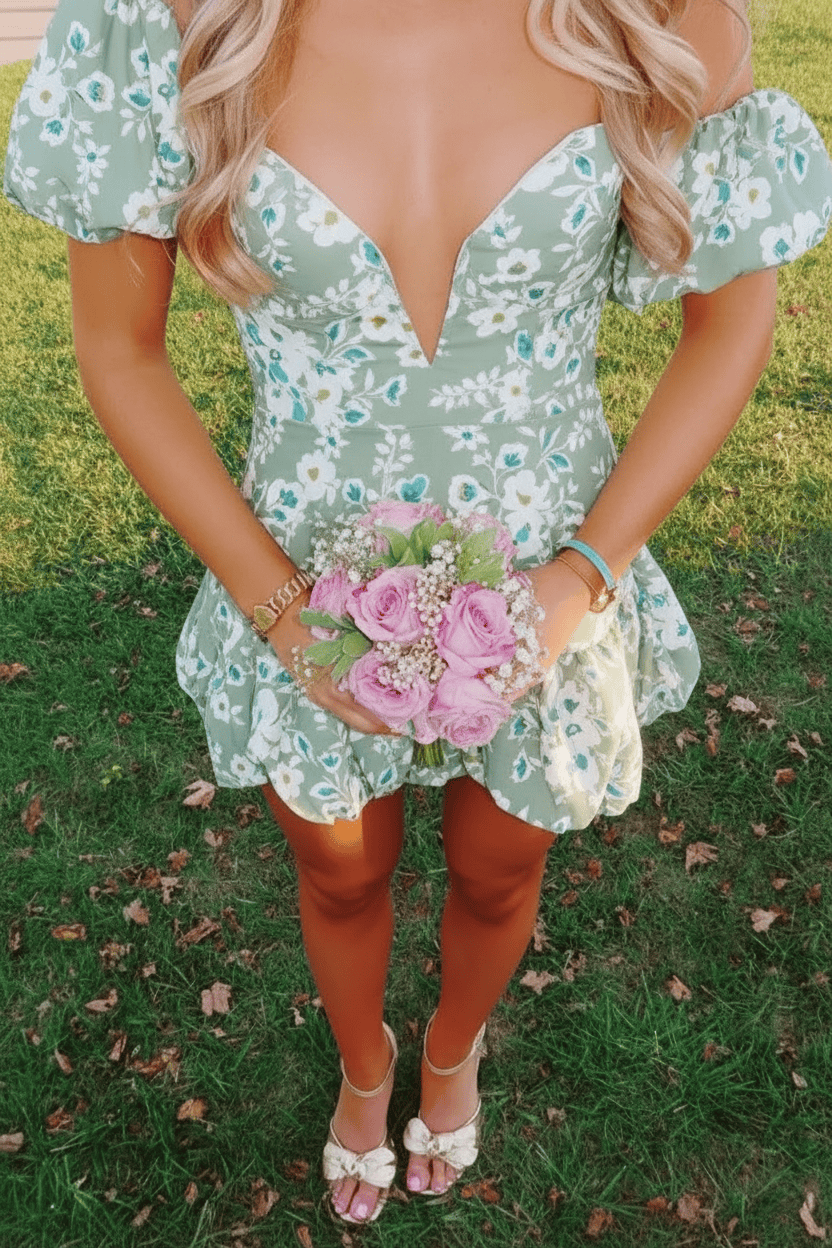 Trendy A Line Sweetheart Blue Printed Short Homecoming Dress with Bowknot