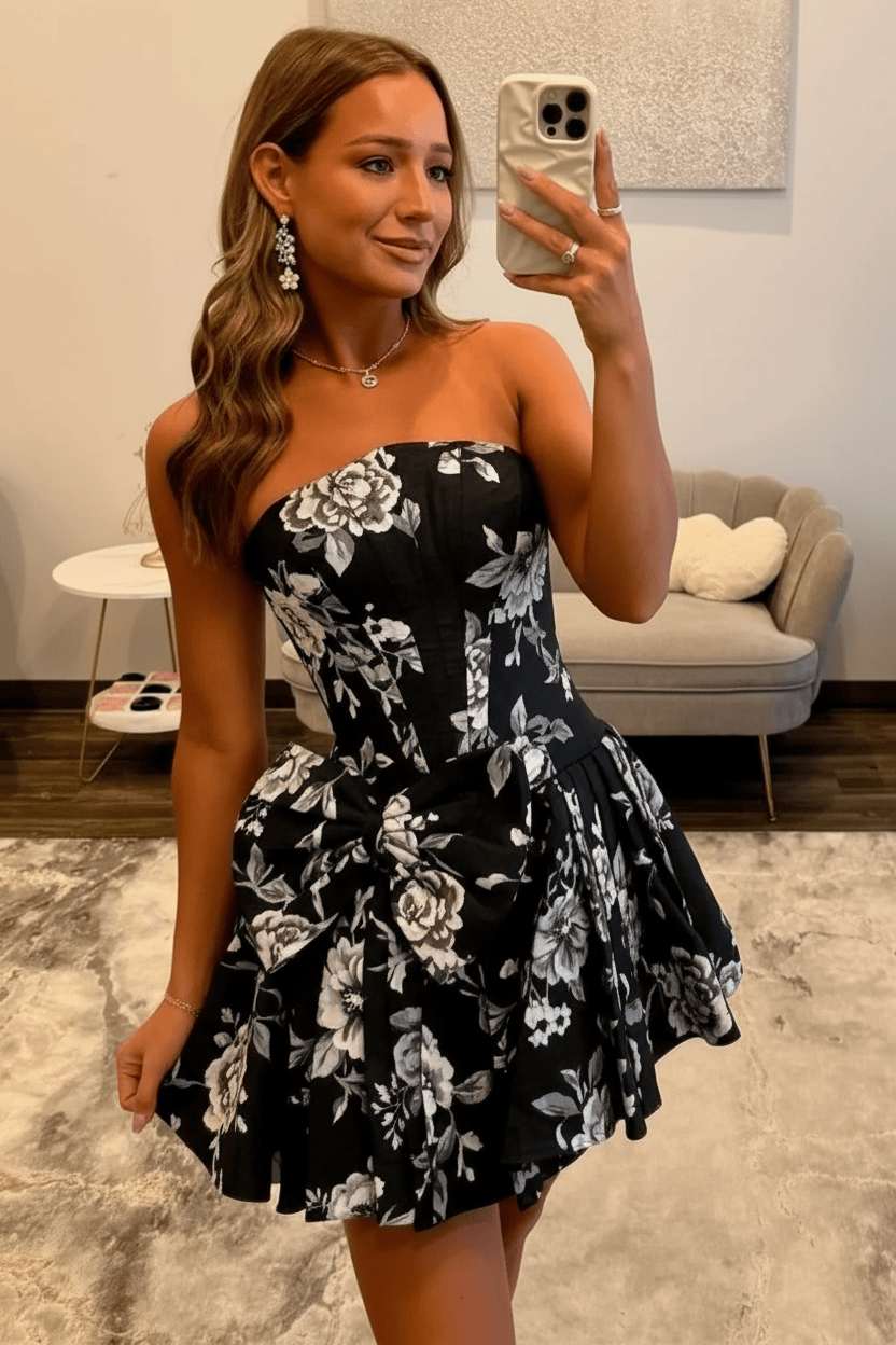 Stunning Floral Strapless Party Dress with Structured Corset and Flared A-Line Skirt