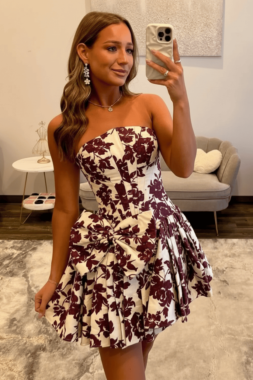 Stunning Floral Strapless Party Dress with Structured Corset and Flared A-Line Skirt