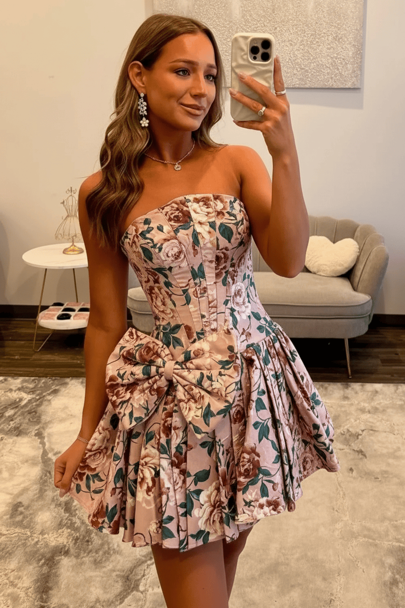 Stunning Floral Strapless Party Dress with Structured Corset and Flared A-Line Skirt