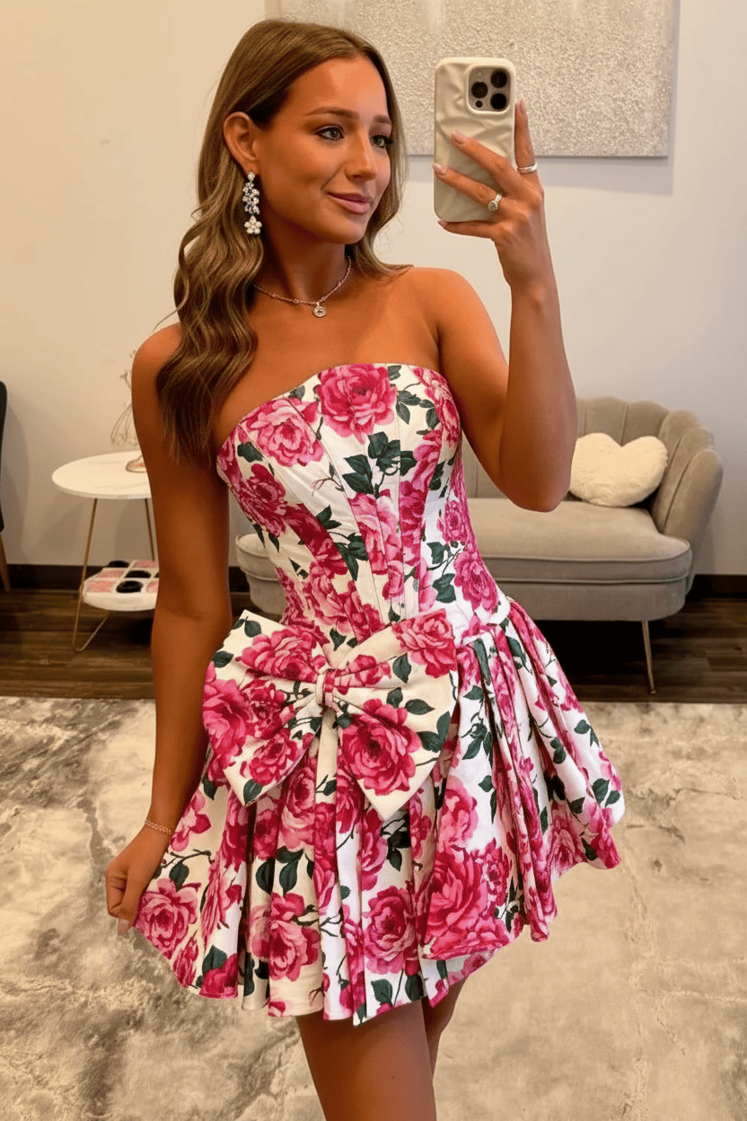 Stunning Floral Strapless Party Dress with Structured Corset and Flared A-Line Skirt