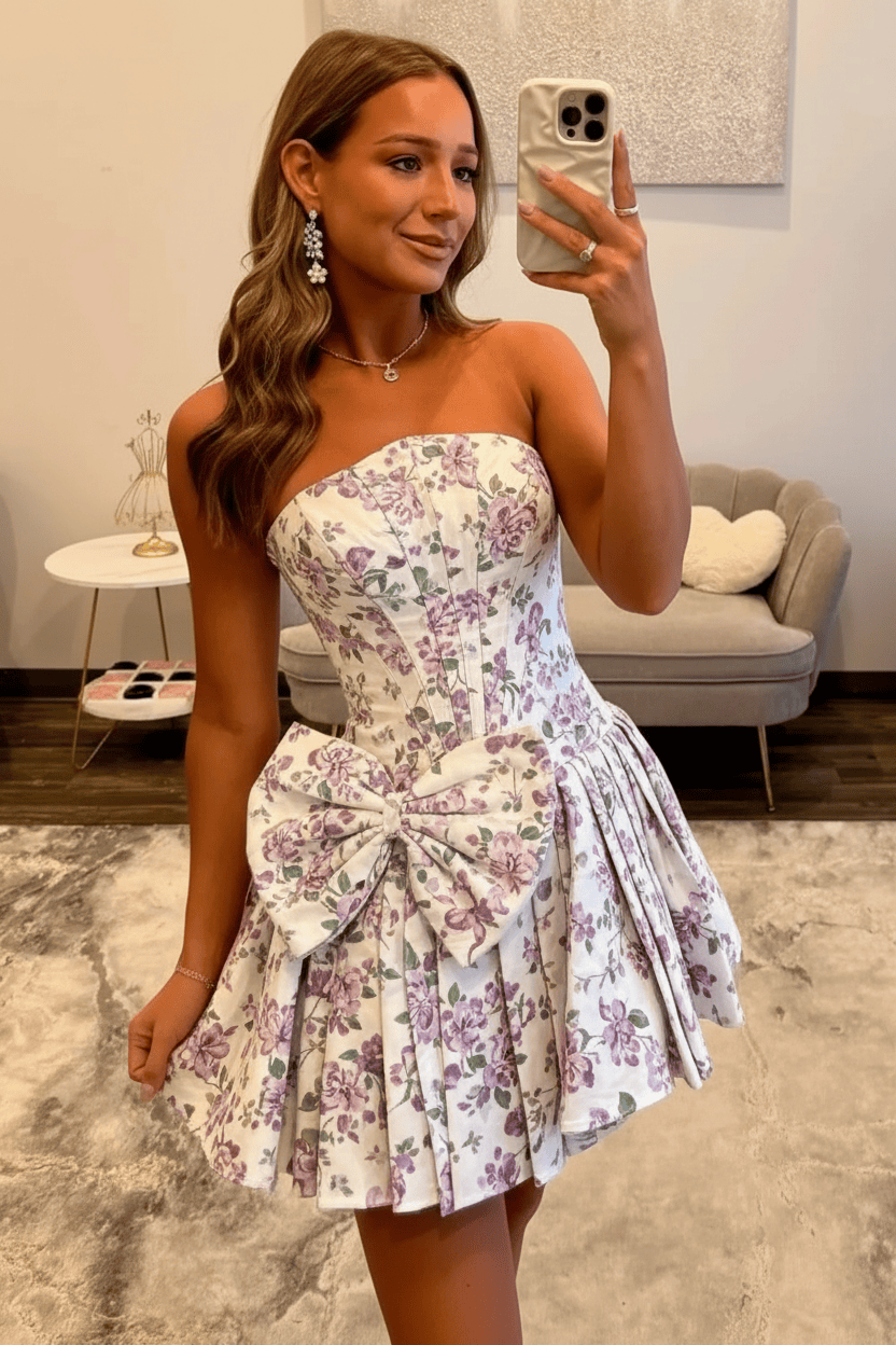 Stunning Floral Strapless Party Dress with Structured Corset and Flared A-Line Skirt