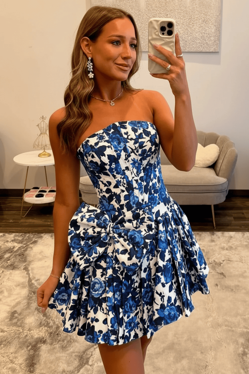 Stunning Floral Strapless Party Dress with Structured Corset and Flared A-Line Skirt