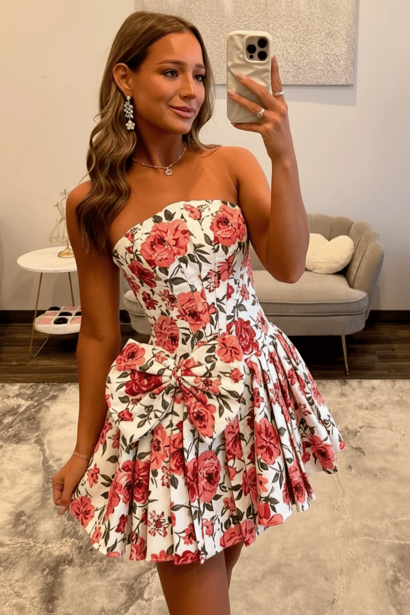 Stunning Floral Strapless Party Dress with Structured Corset and Flared A-Line Skirt
