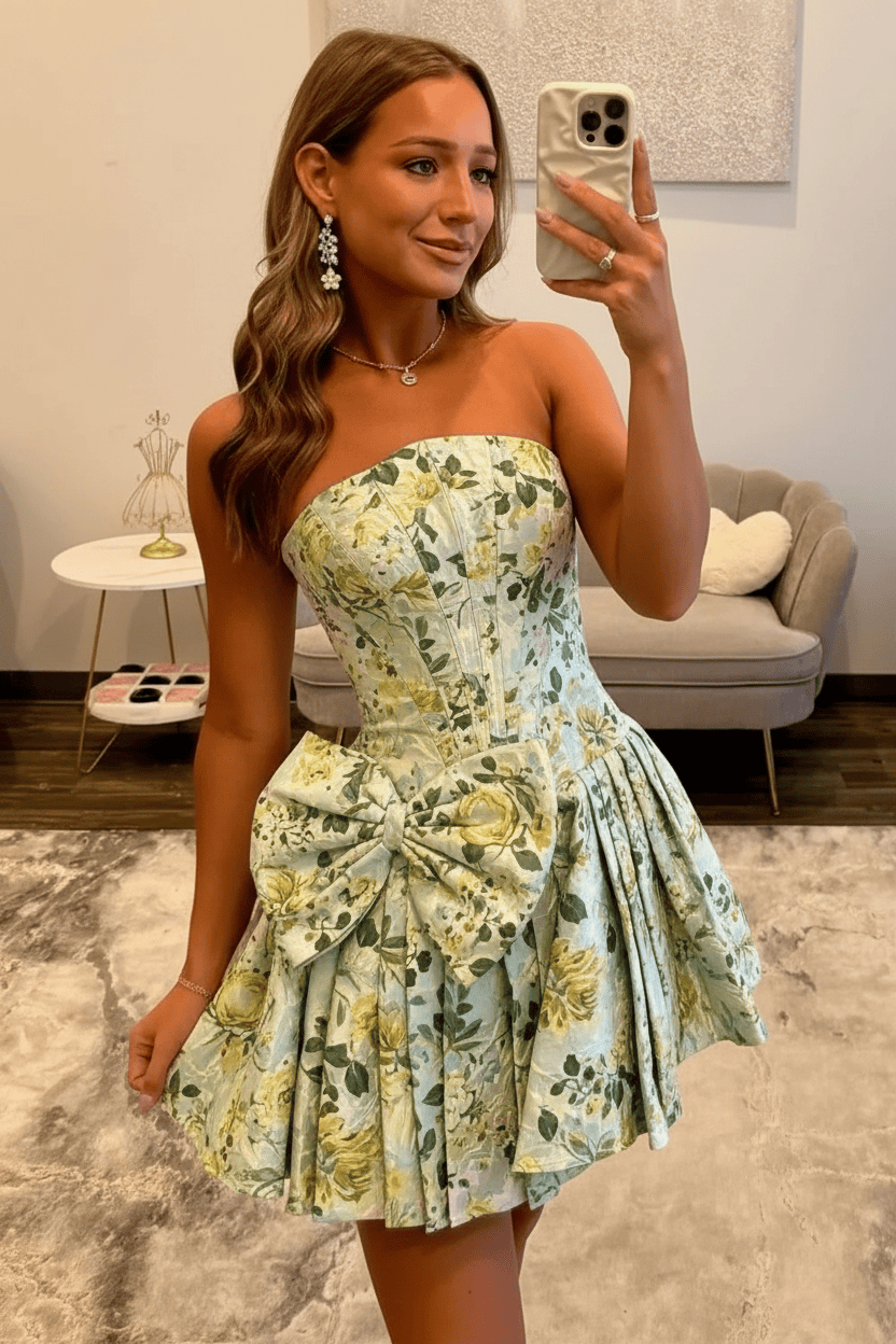 Stunning Floral Strapless Party Dress with Structured Corset and Flared A-Line Skirt